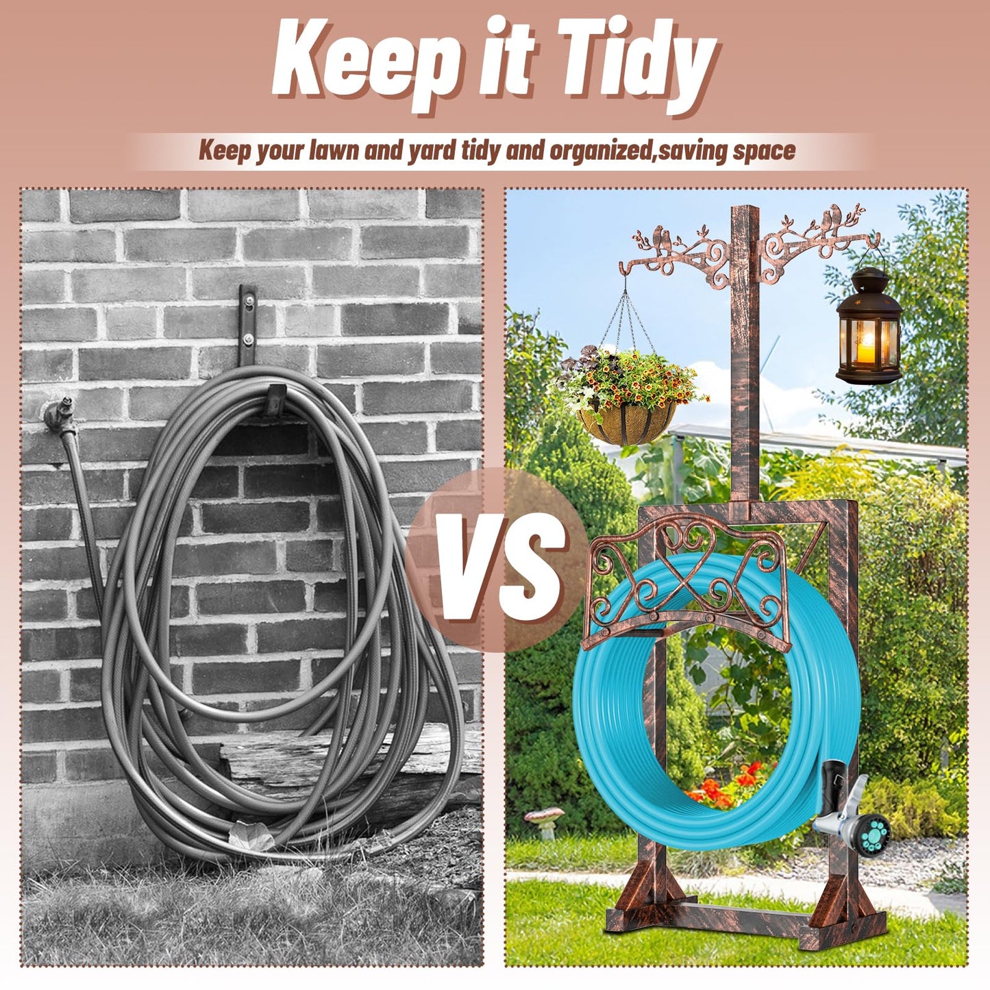 Garden Hose Holder, Freedstanding Heavy Duty Garden Water Hose Holder Stand with 2 Shepherds Hooks, Detachable Metal Hose Storage Hanger Rack for Outside Yard Lawn Farm DD1210