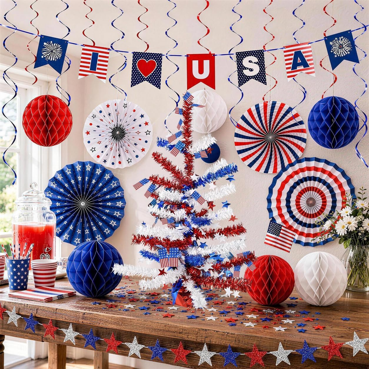 4th of July Table Centerpiece Decoration - Patriotic Tree for Tables Metallic Foil Spray Star Burst Independence Day Party Dining Home Memorial Day Supplies BST202