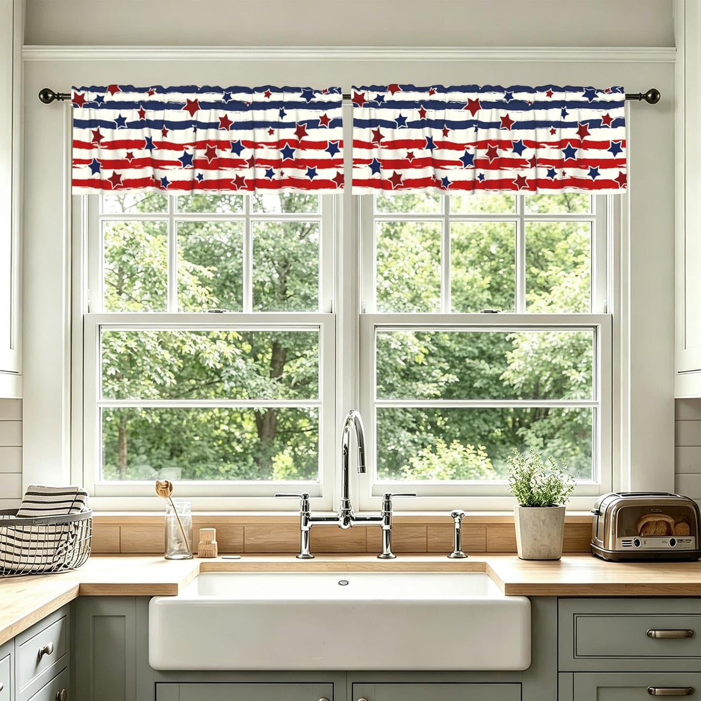 4th of July Kitchen Valances for Windows 2 Pack 54"x18" Patriotic Stars and Stripes Short Curtains Americana Independence Day Memorial Day Window Treatment Rod Pocket Valance for Living Room Decor BST326L