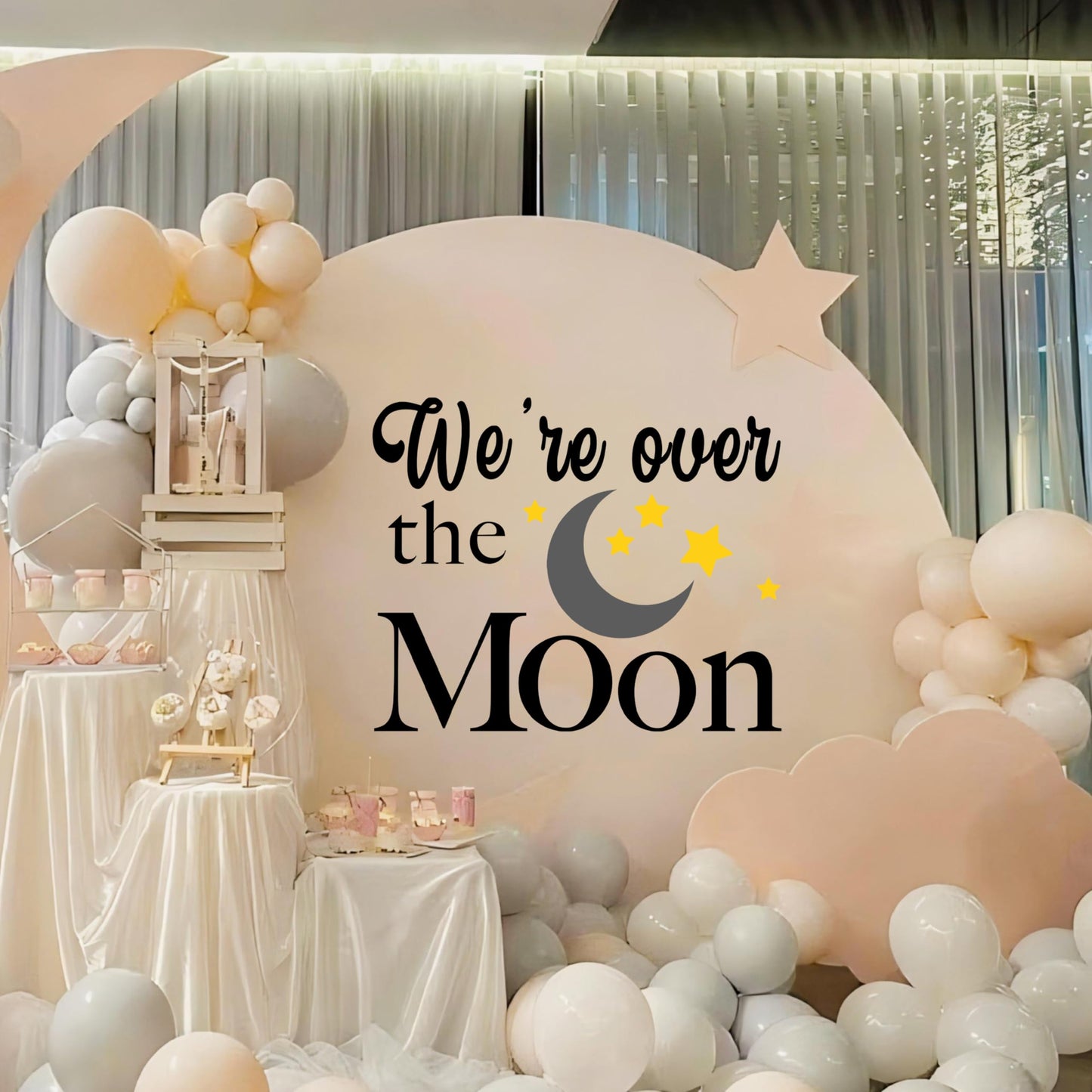 BOOMPA We are Over The Moon Baby Shower Wall Decal, Vinyl Round Arch Decoration, 35.4 x 11.8 inches, Matte Black (Black （Moon）) BST220