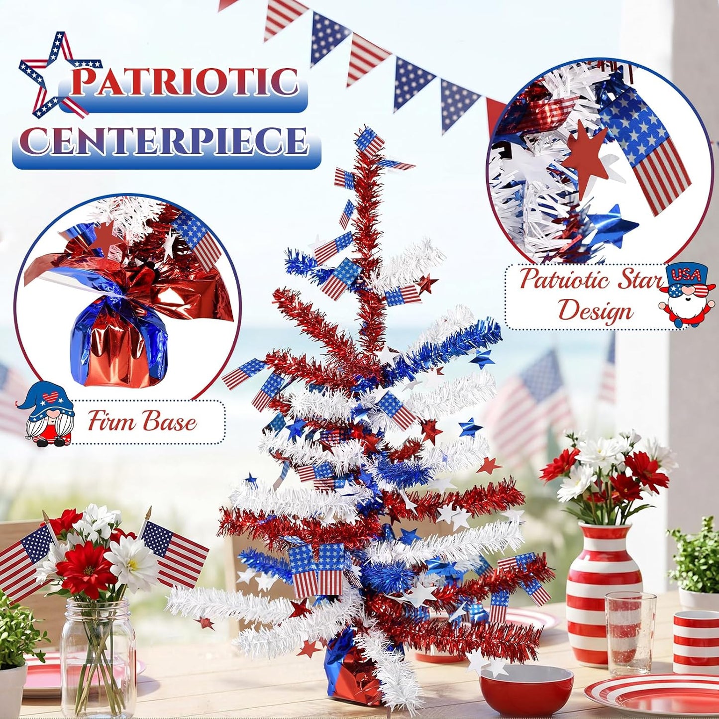 4th of July Table Centerpiece Decoration - Patriotic Tree for Tables Metallic Foil Spray Star Burst Independence Day Party Dining Home Memorial Day Supplies BST202