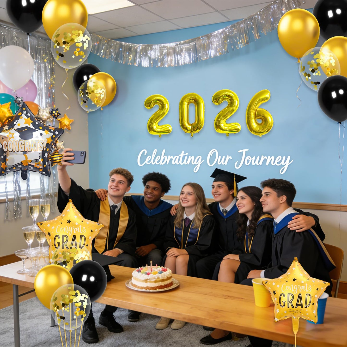 Graduation Balloons Congrats Grad Balloons Gold and Black Balloon for 5th Grade Graduation Decorations Grad Party Decorations 2026 BST326L