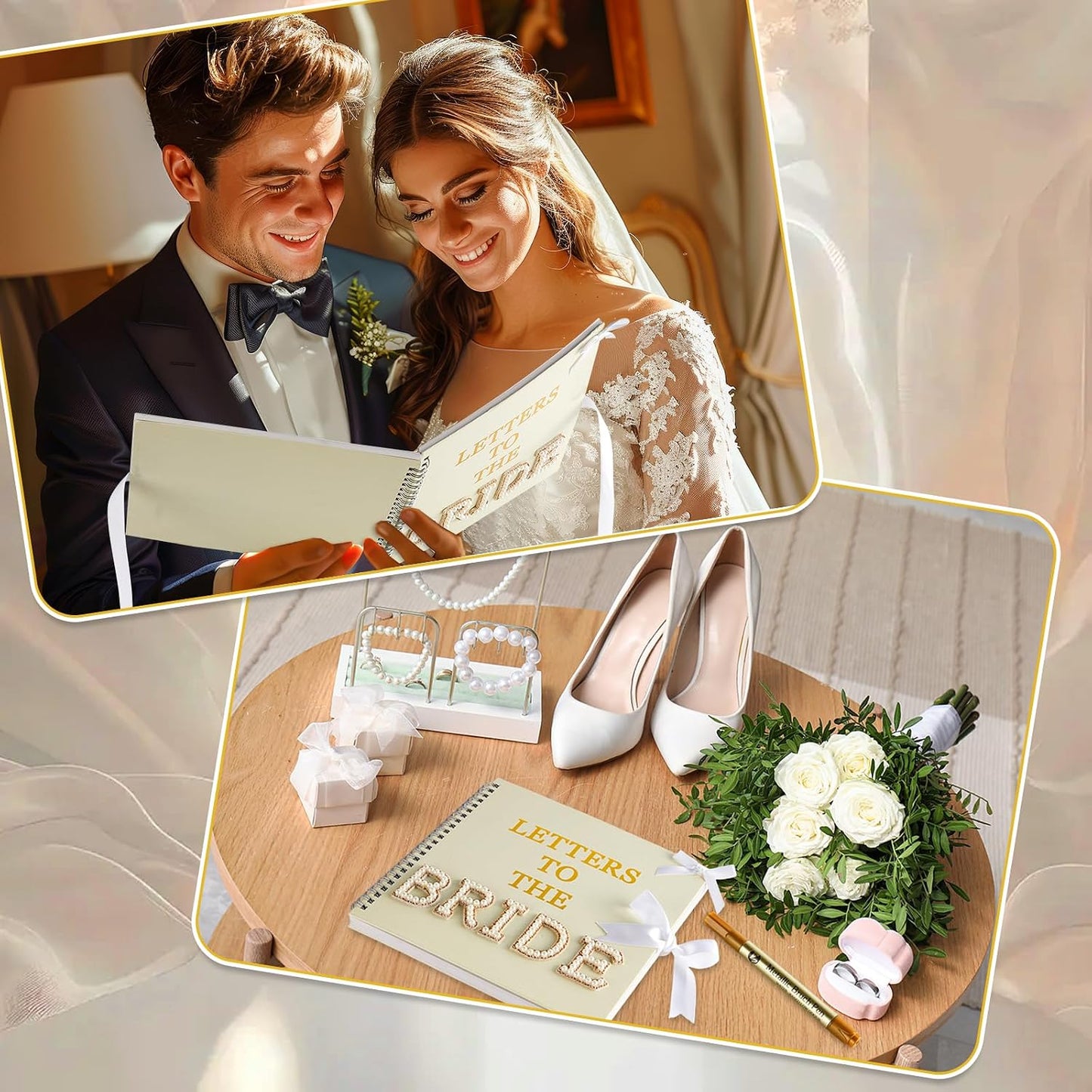 Oitnlaughter 539 Pcs Letters to The Bride Scrapbook Kit 8x8 Inch Wedding Bridal Memory Scrap Book Beige DIY Photo Album Guest Book with Pearl Stickers for Wedding Bridal Shower Anniversary BST326H