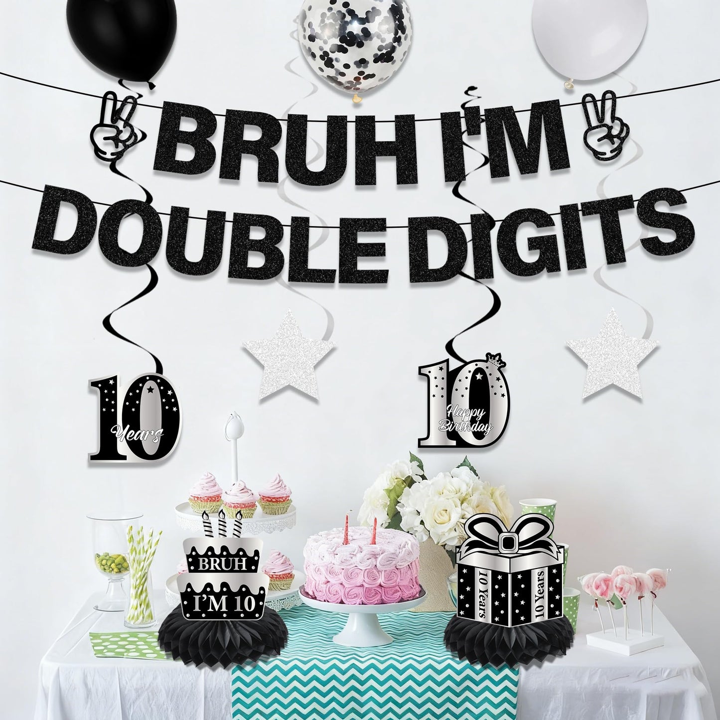 10th Birthday Decorations Banner Boys - 11 Pcs Silver Black Bruh I'M Double Digits Banners Hanging Swirls Honeycomb Table Decoration Latex Balloons For Boy 10 Year Old Bday Party Supplies BST220