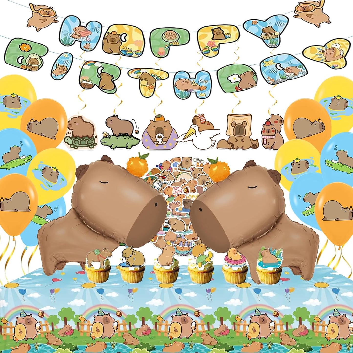 Capybara Birthday Party Decorations 24Pcs - Cute Animal Theme Supplies - Foil Balloons, Latex Balloons, Banner, Tablecloth, Stickers, Cake Toppers BST220