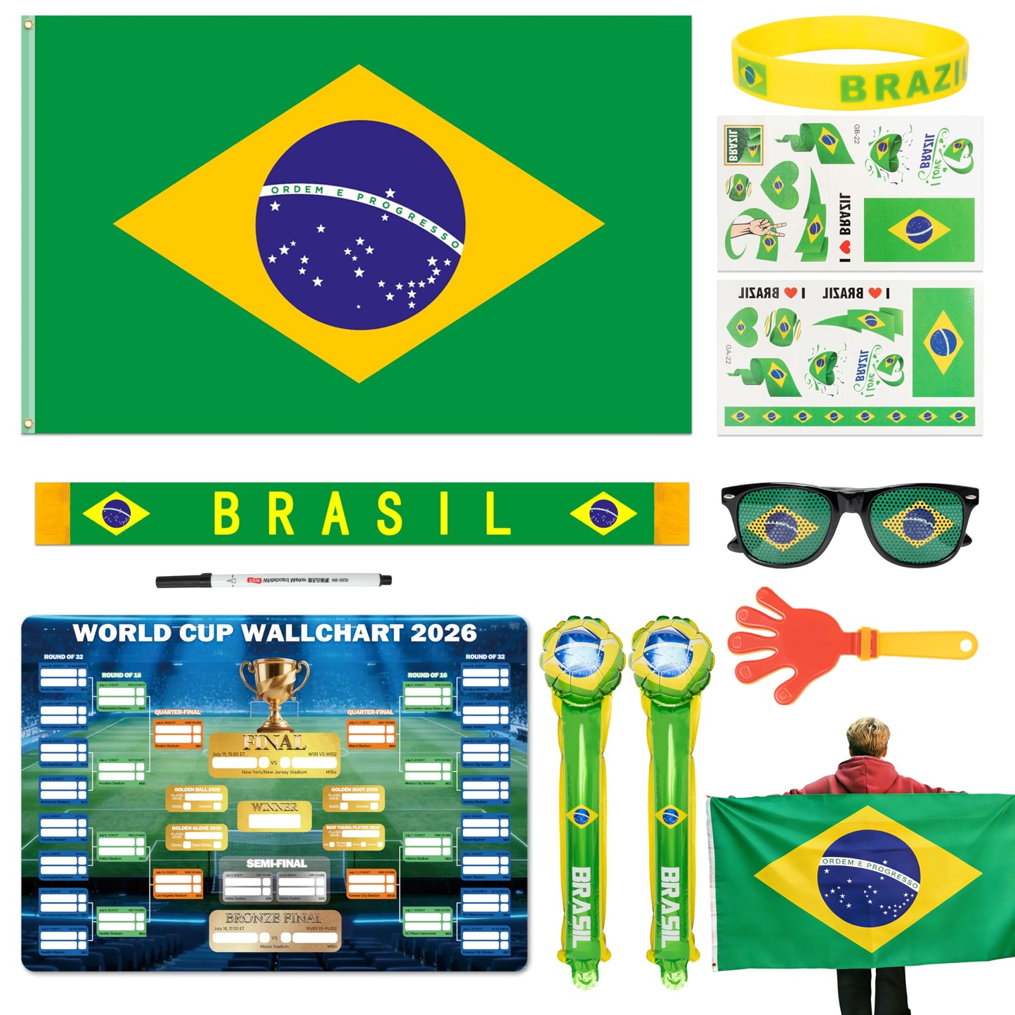 World Cup 2026 Fan Accessories with Large 3x5 ft Flag, Match Tracker Poster, Stickers, Cheering Sticks, Clapper & Scarf, World Cup Decorations Fan kit for Soccer Watch Party, Stadium and Home Cheering BST202