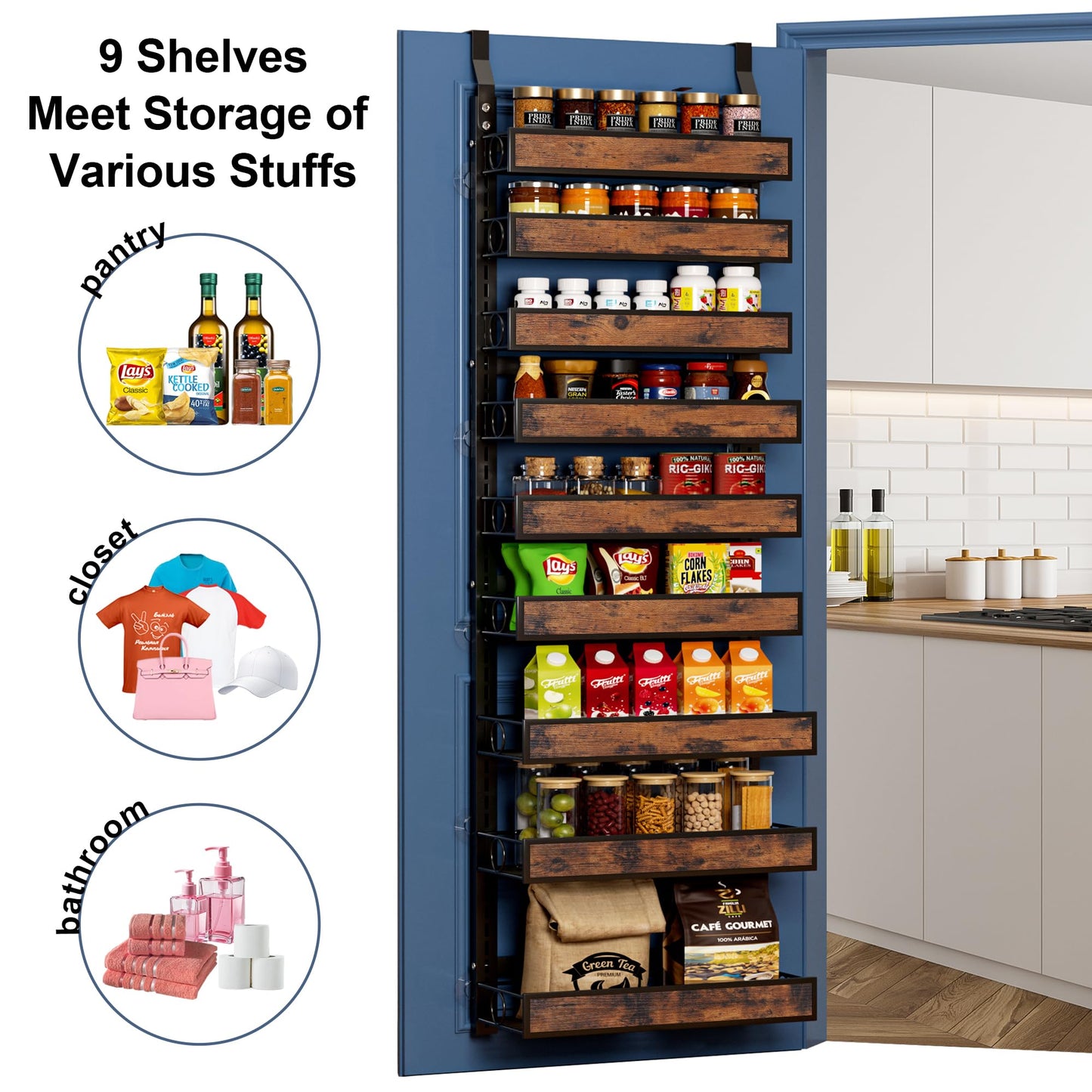 8 Tier Over The Door Pantry Orangizer 2 IN 1 Wall Mounted or Hanging Spice Rack with Adjustable Wood Basket,Heavy Duty Seasoning Storage Shelf for Kitchen Pantry and Bathroom BST220