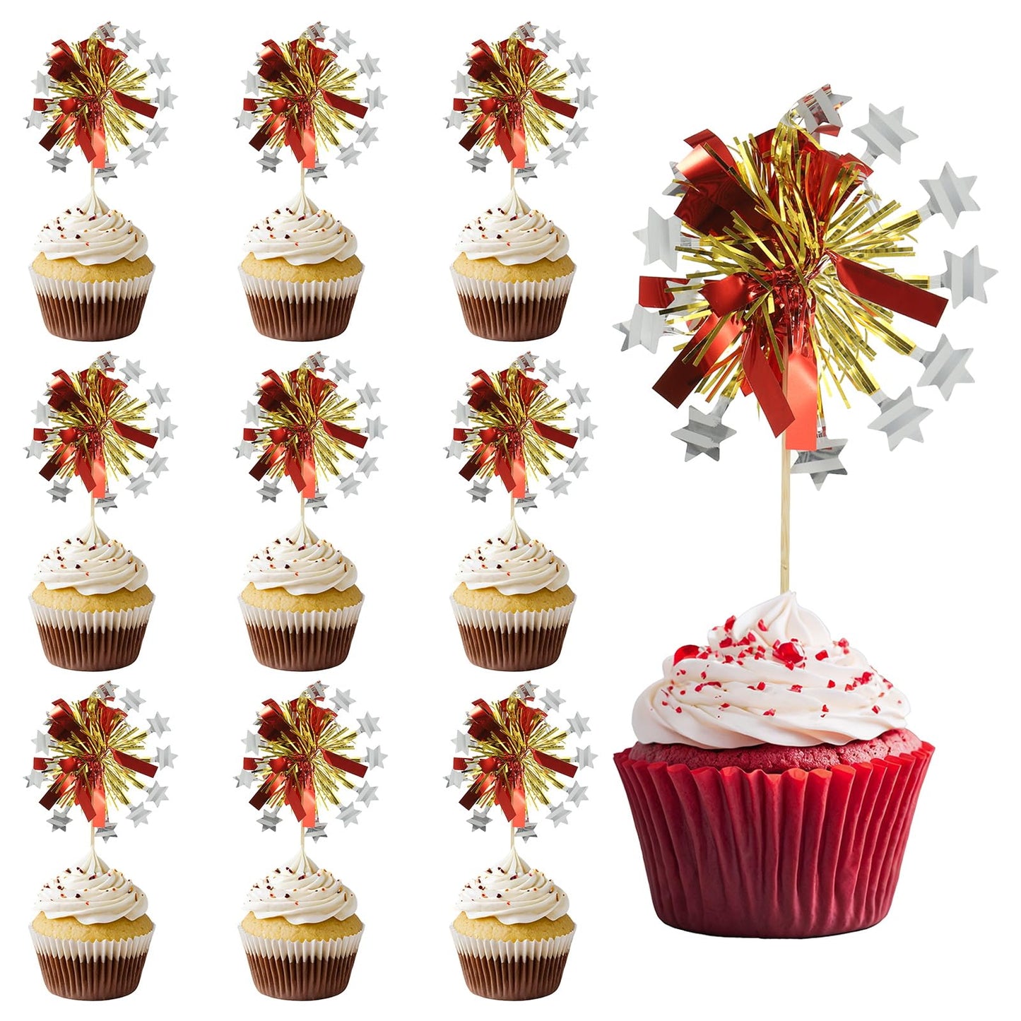 PATIKIL Firework Cupcake Toppers, 50 Pcs Sparkle Tinsel Snow Cupcake Picks Birthday Party Graduation Wedding Foil Decor Cocktail Food Fruit Toothpicks Christmas, Red BST326H