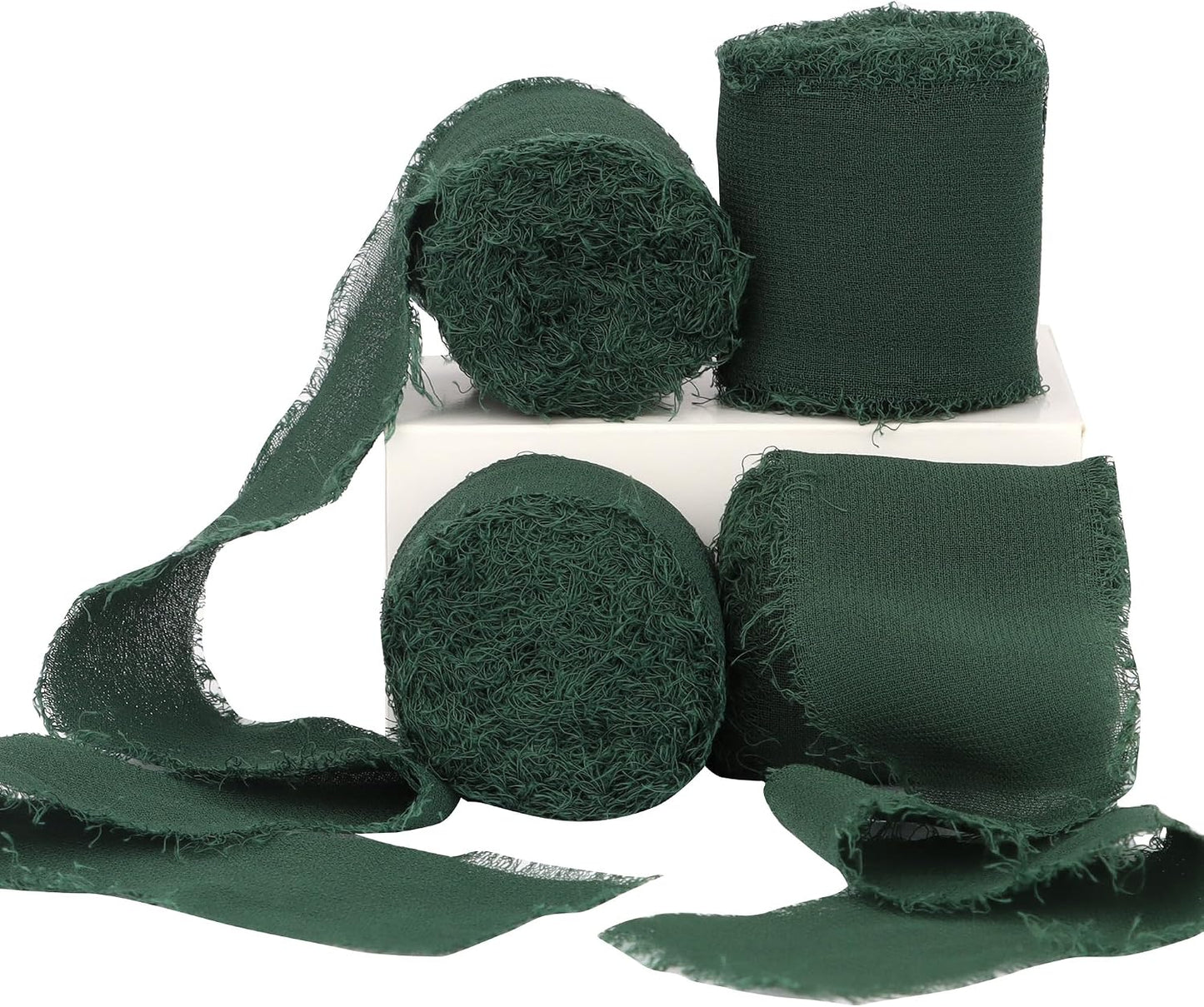Dark Green 4 Rolls Silk Ribbon - 1.5 Inch Wide, 21 Yards Long, Frayed Edge, Handmade Fringe, Chiffon Ribbon for Crafts, Weddings & Home Decor WN420