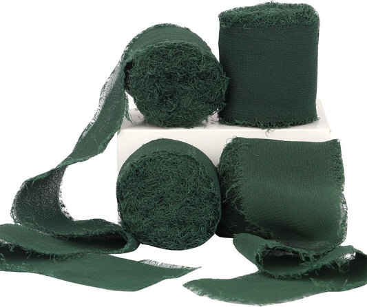Dark Green 4 Rolls Silk Ribbon - 1.5 Inch Wide, 21 Yards Long, Frayed Edge, Handmade Fringe, Chiffon Ribbon for Crafts, Weddings & Home Decor WN420