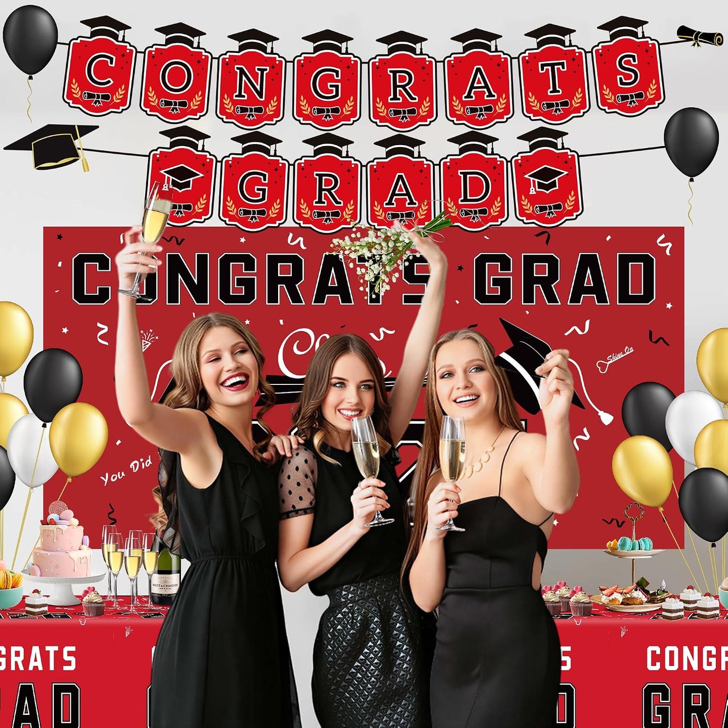 Graduation Decorations 2026 2027 - Red Congrats Grad Banner Backdrop Tablecloth Set - Graduation Decorations Class of 2026 | Graduation Party Favors Supplies WN420