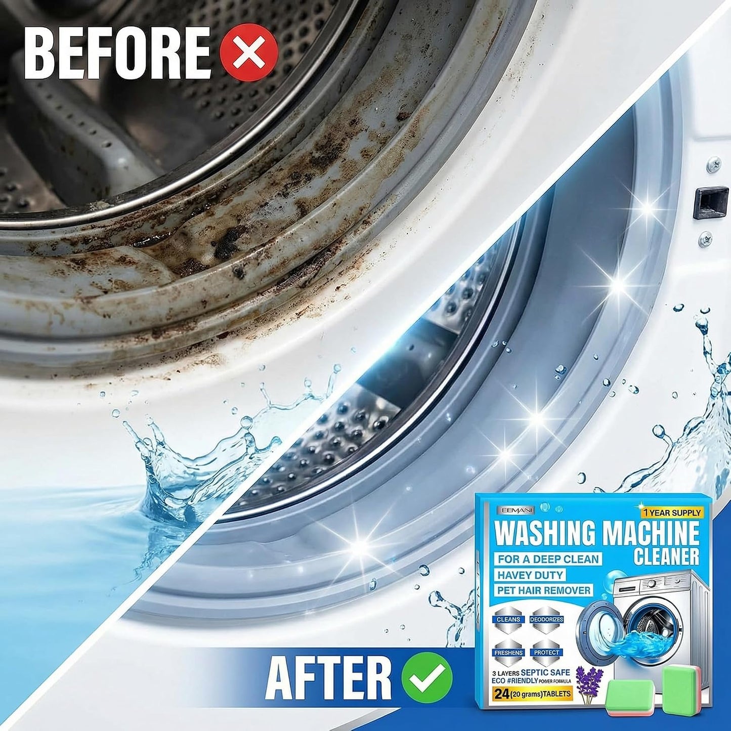 3-Layer Washing Machine Cleaner Tablets 24 Pack, Heavy Duty Deep Cleaning, Descaling & Odor Elimination suitable for Pet Owners, Septic-Safe & Eco-friendly Washer Cleaner for Front & Top Load washers BST202