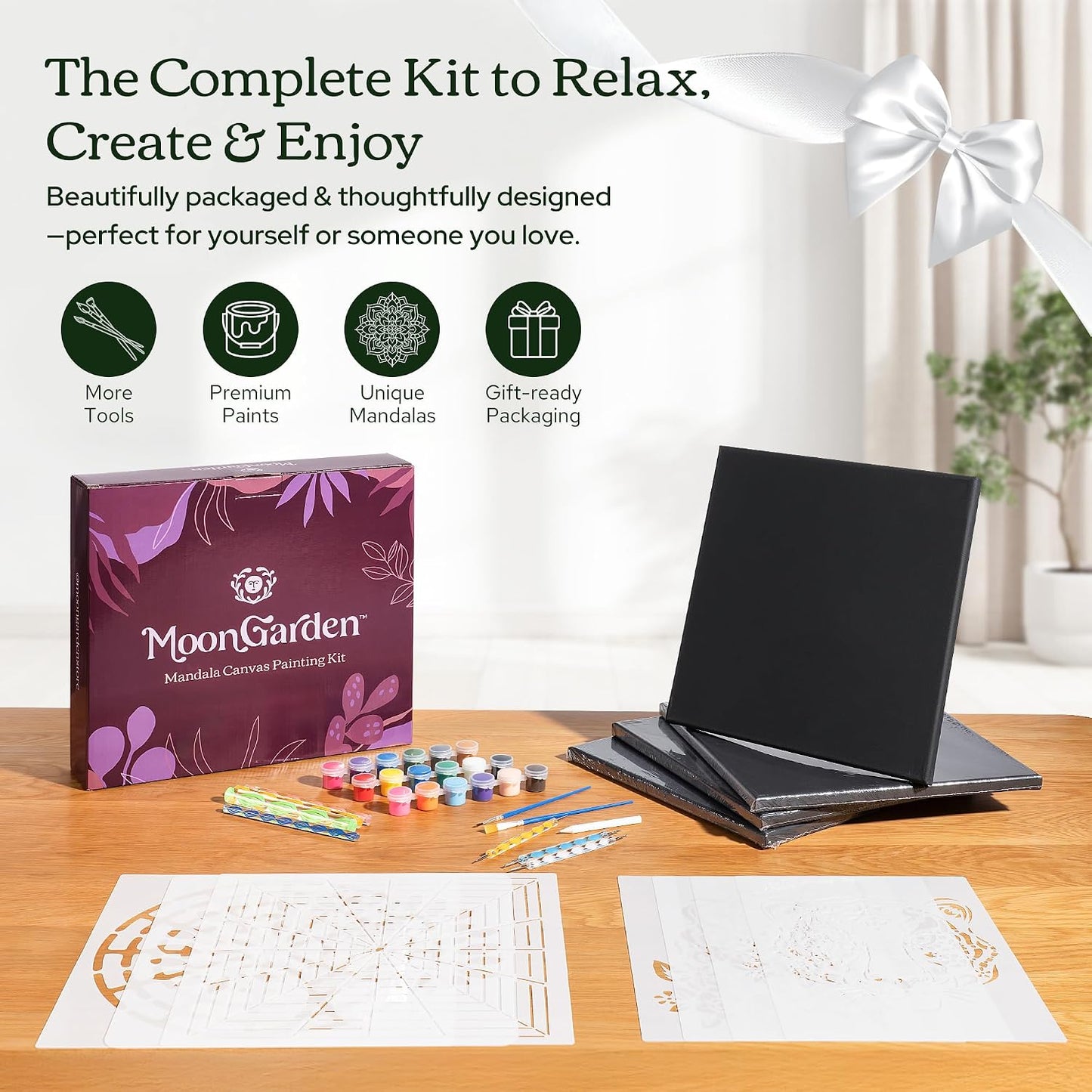 MoonGarden Mandala Dot Painting Canvas Kit – Complete Canvas Art Set with Stencils, Acrylic Paint, Dotting Tools & Canvases – Mindful DIY Craft Kit for Adults - Relaxing and Creative Activity BST326H