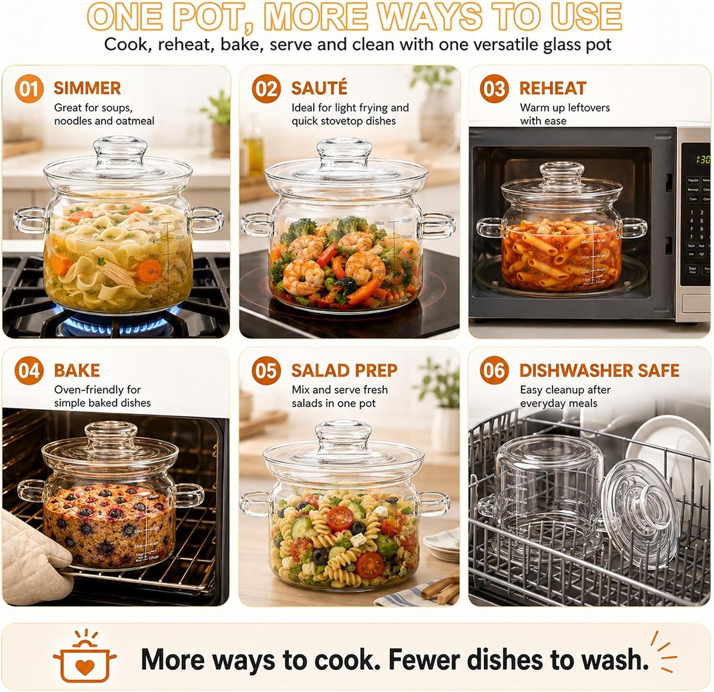 3.2 QT Glass Simmer Pot with Lid and Measuring Marks for Stovetop | 5 mm Borosilicate Glass, 96 oz Measuring Marks, Gas, Electric & Ceramic Cooktops, Microwave, Oven & Dishwasher Safe DD1210