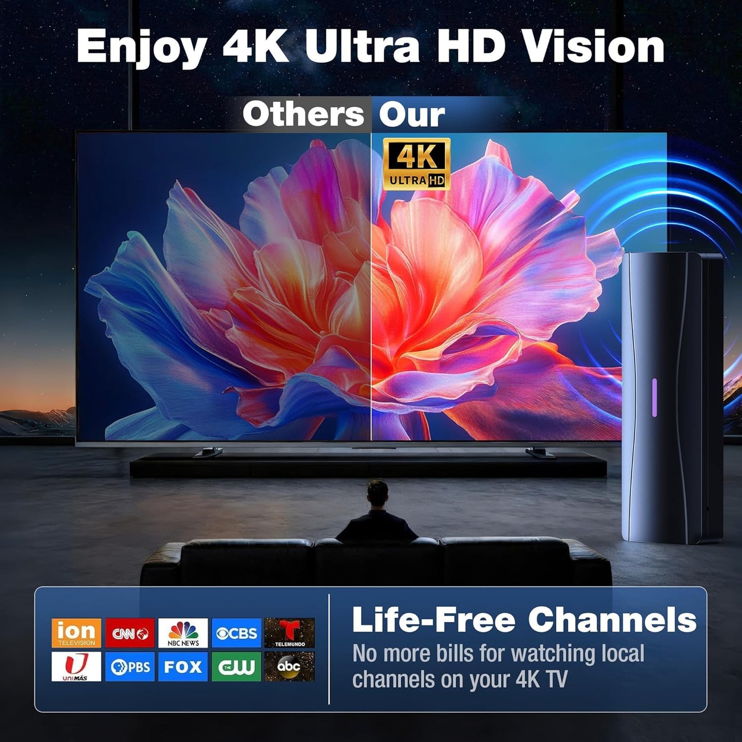 TV Antenna for Smart TV,100+ Miles Range Digital TV Antenna for Local Channels with Amplifier Signal Booster, Supports 4K 1080p,Indoor Outdoor IPX7 Waterproof,Lightning Protection Glossy Black