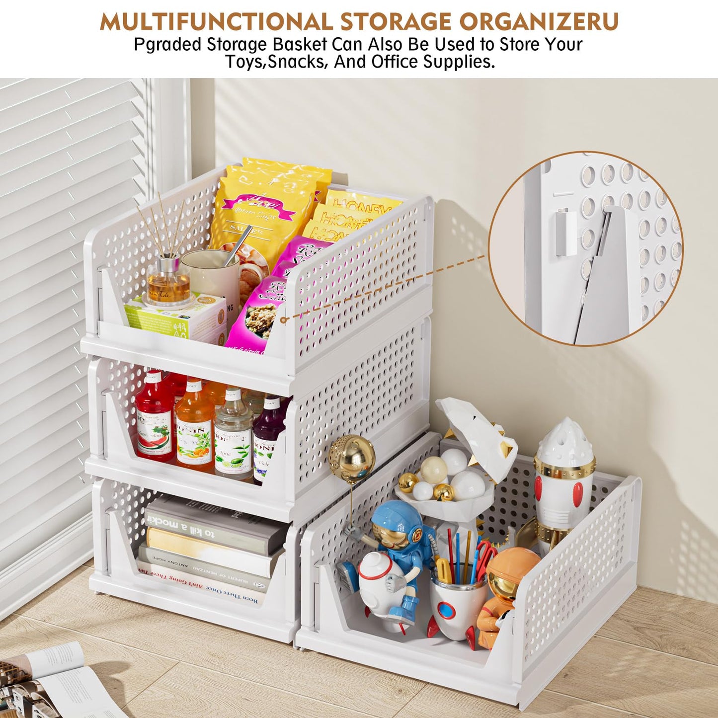 SNSLXH 5 Pack Stackable Closet Storage Basket, Multifunctional & Foldable Closet Organizer N28