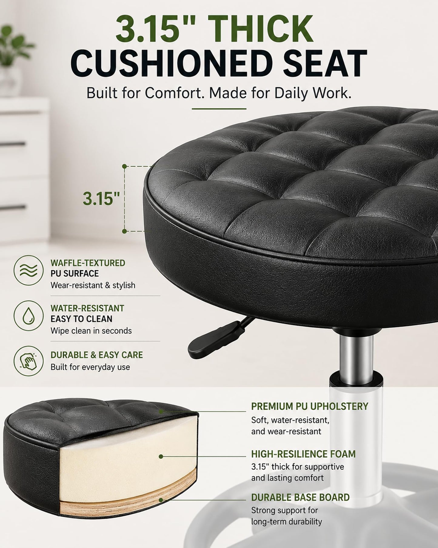 Low Rolling Stool with Smooth & Quiet Bearing Rubber Wheels, Heavy Duty 600 lb Capacity Mechanics Rolling Seat for Garage, Salon, Cleaning & Auto Repair, Black Seat with Black Frame WN420