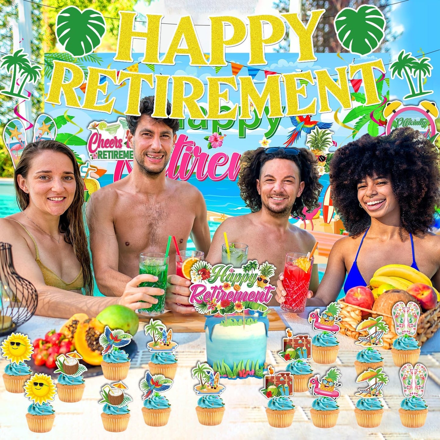 Rngmsi Hawaiian Retirement Party Decorations - 26 Pcs Happy Retirement Banner Decorations Set with Backdrop Hanging Swirls Cupcake Toppers Cake Topper, Aloha Tropical Summer Beach Party Decor Supplies WN420