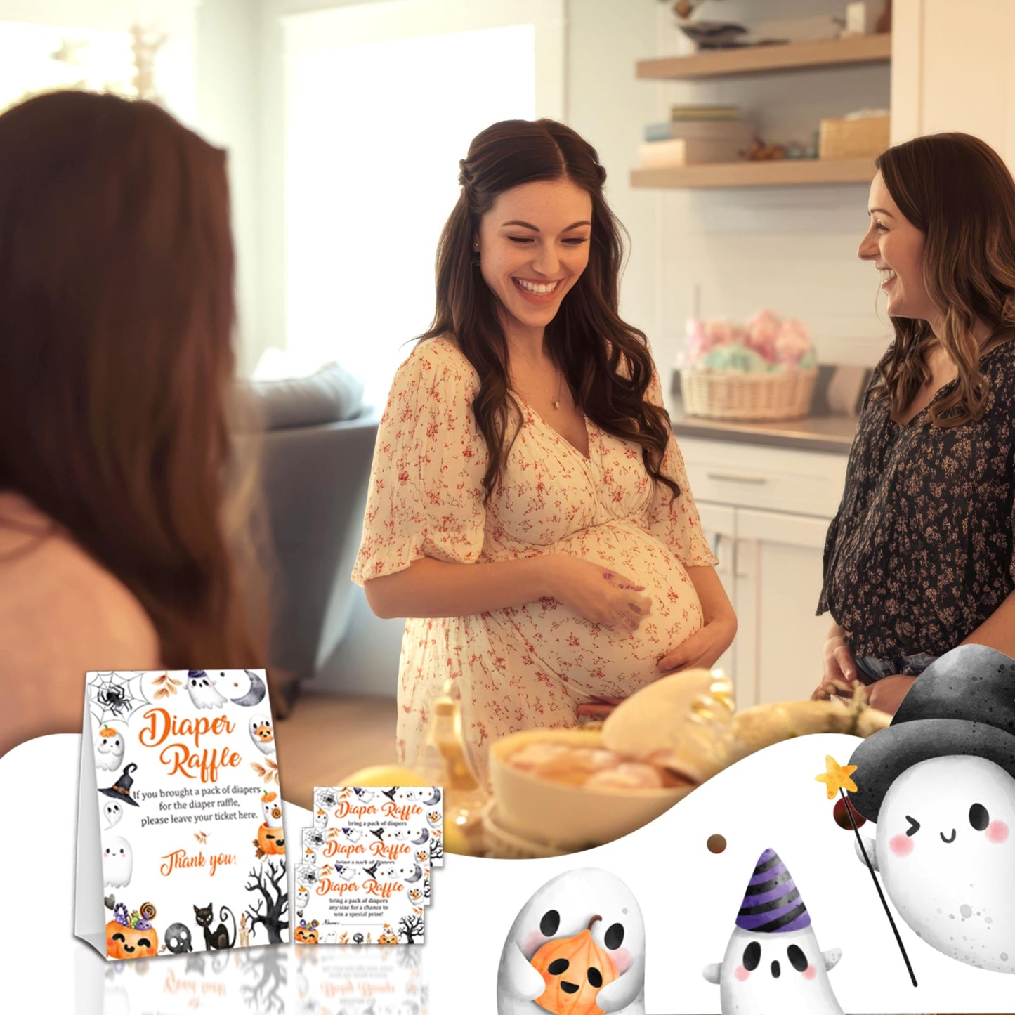 Halloween Baby Shower Measure The Baby Bump, 1 Self-Standing Sign + 50 Tickets for Little Ghost Gender Reveal Announcement Party Favor Supplies - D12 BST326L