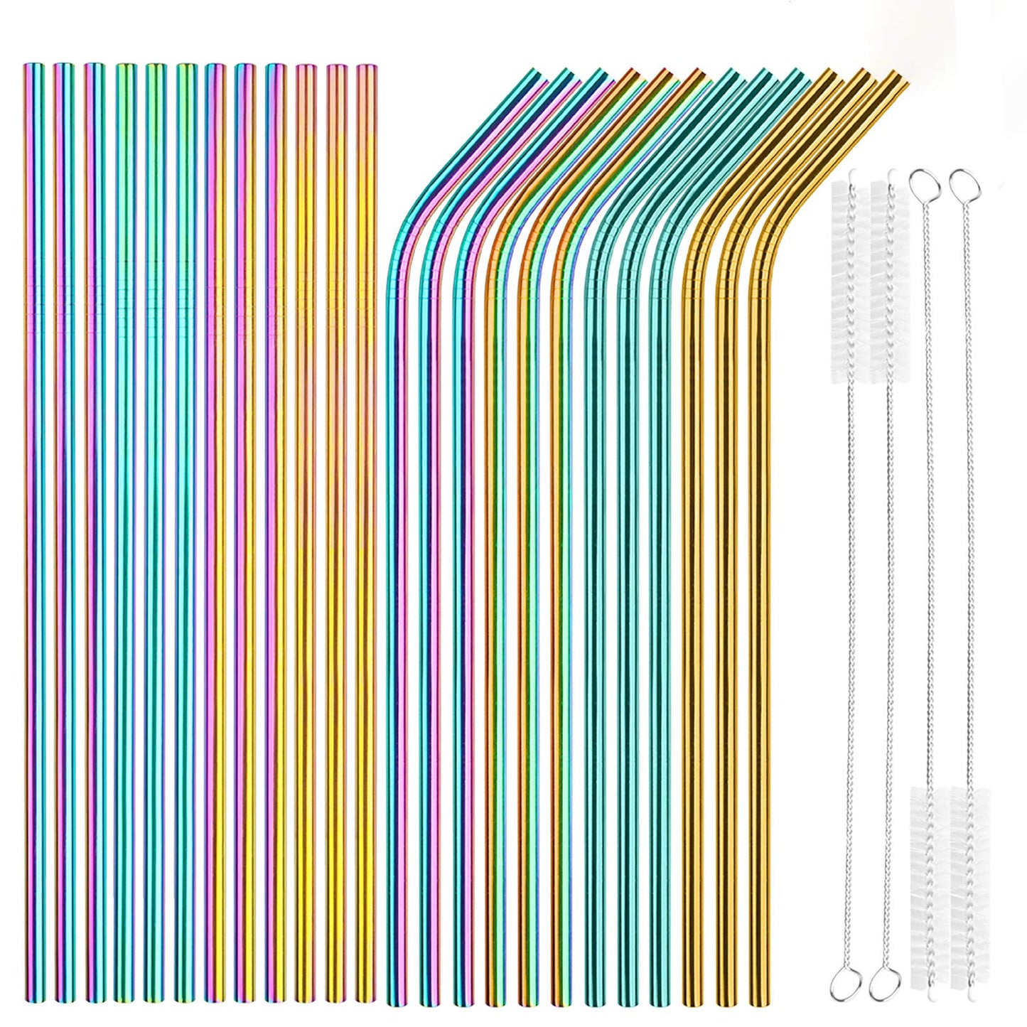 Tomorotec 14PCS Stainless Steel Straws Fit for 30oz Stanley Tumblers | 11" Reusable Drinking Straws with Brush, 7 Bent & 7 Straight for Smoothies, Milkshakes, Coffee, Dishwasher Safe (Metallic) BST326L