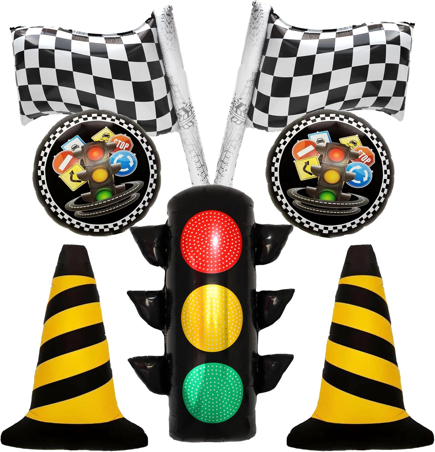 7PCS Traffic Theme Balloons Set,Racing Party Decorations with Traffic Light, Checkered Flags & Road Cone Foil Balloons, Race Car Birthday Decorations for Boys, Baby Shower WN420