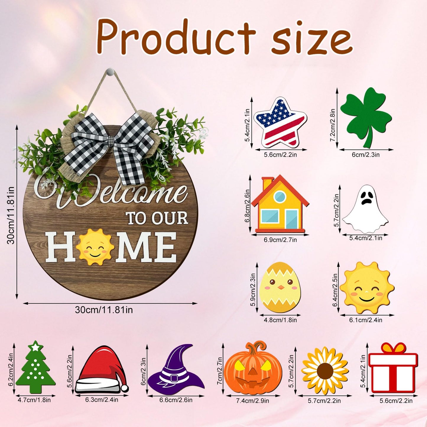 Interchangeable Seasonal Welcome Sign Front Door Decoration,Rustic Round Wood Wreaths Wall Hanging Outdoor Decor for Spring Summer Autumn and Winter All Seasons Holiday Halloween Christmas(Elf) BST326H