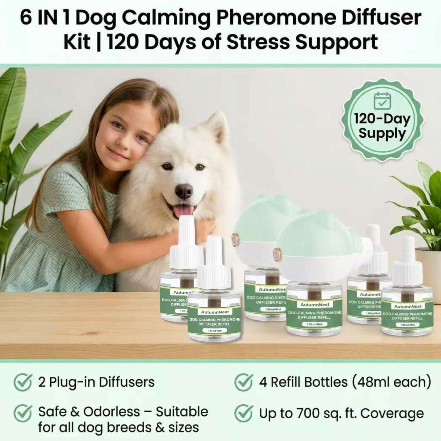 8-in-1 Dog Calming Pheromone Diffuser Kit – Pet Stress Support (2 Plug-Ins & 6x48ml Refills), Calming Diffuser for Dog During Thunderstorms, Travel, Separation, Fireworks & Vet Visits, 180-Day Supply WN420