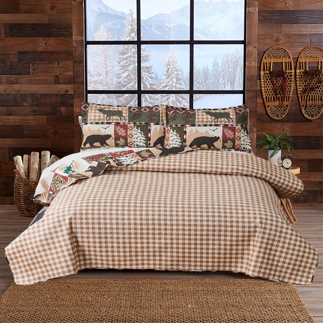 Rustic Moose Quilt Set King Size Lodge Quilt Lightweight Summer Cabin Bedspread Country Bedding Forest Bear Fish Pine Coverlet Daybed Cover Blanket Woodland Home Decor-Brown White BST220