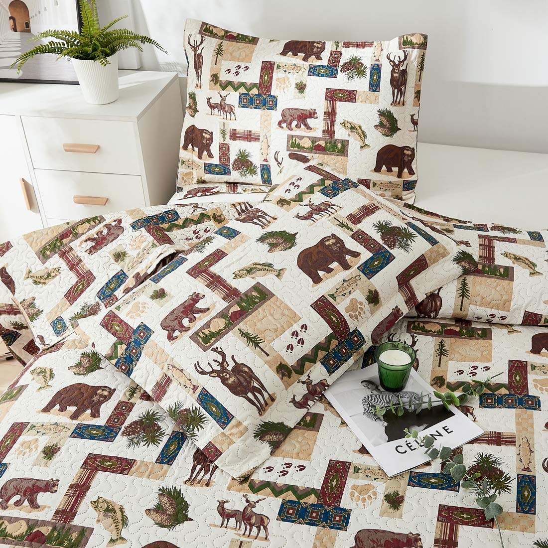 Rustic Moose Quilt Set King Size Lodge Quilt Lightweight Summer Cabin Bedspread Country Bedding Forest Bear Fish Pine Coverlet Daybed Cover Blanket Woodland Home Decor-Brown White BST220