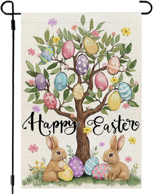 CROWNED BEAUTY Easter Garden Flag Eggs Tree 12x18 Inch Double Sided Bunny Holiday Decoration for Outdoor Lawn Yard WN420
