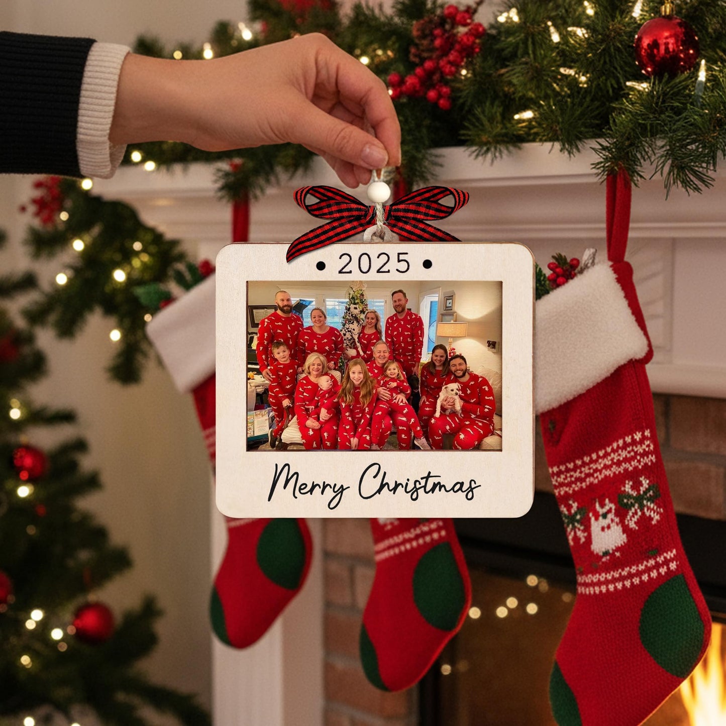 Hangwoous Baby's First Christmas Photo Frame Ornament 2025 | Wooden portrait frame keepsake, first Christmas photo gift for baby BST202