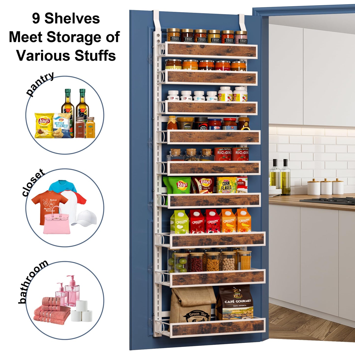 8 Tier Over The Door Pantry Orangizer 2 IN 1 Wall Mounted or Hanging Spice Rack with Adjustable Wood Basket,Heavy Duty Seasoning Storage Shelf for Kitchen Pantry and Bathroom BST220