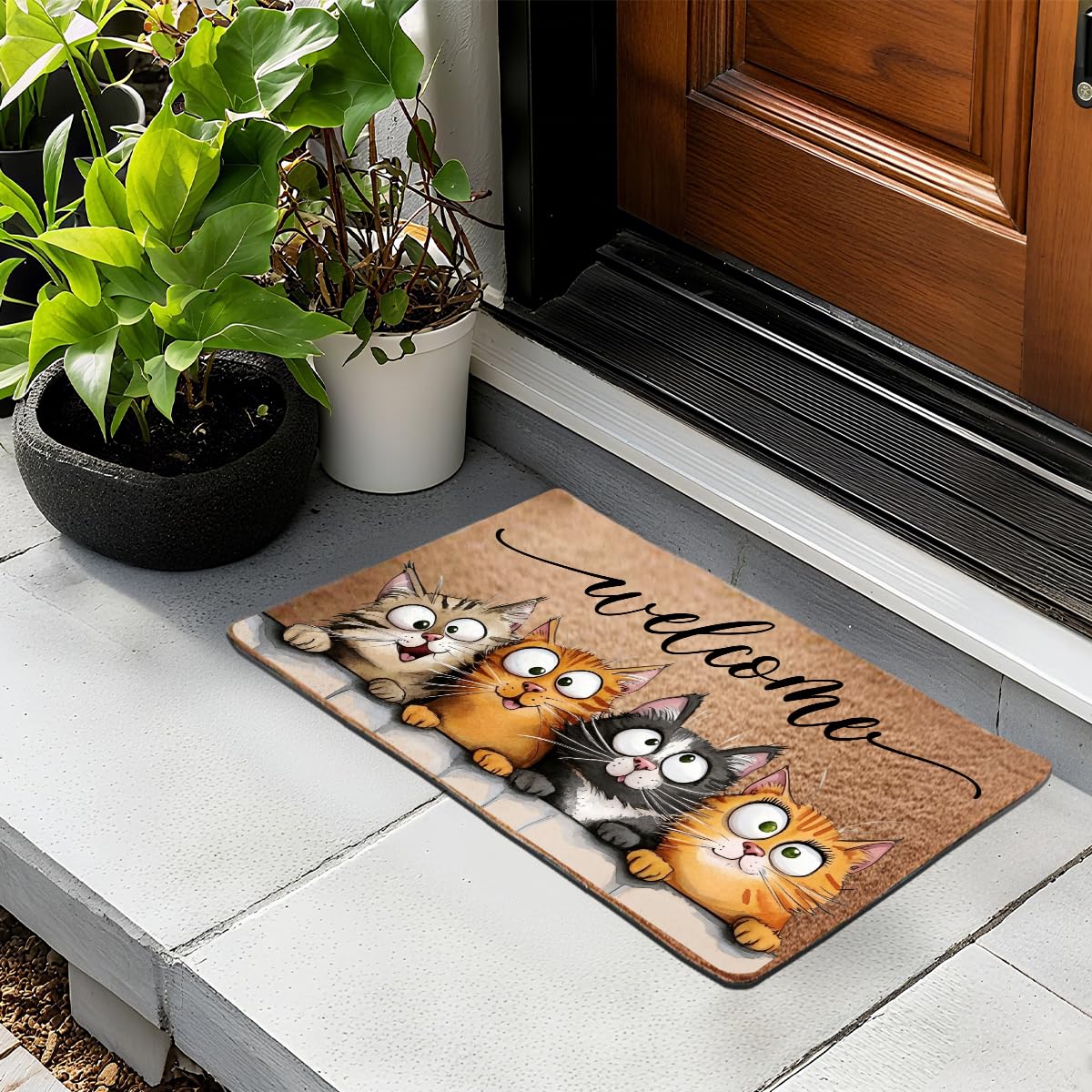 Funny Cat Door Mat 18x30 Inch, Faux Coco Coir Doormat with Non-Slip PVC Backing, Cats Printed Welcome Mat for Outdoor Indoor Entryway Porch Home Kitchen Patio, Cat Lover Gifts for Women Mom BST202