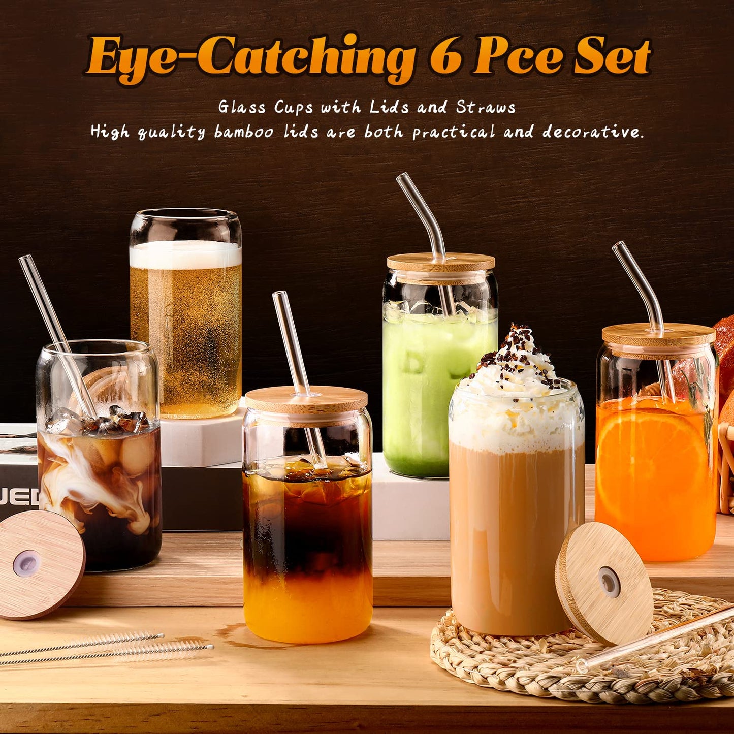 DWTS DANWEITESI Glass Cups “20oz”,Glass Cups with Lids and Straws 4 pcs-Coffee Cups,Drinking Glasses Set,Glass Tumbler with Straw and Lid Gift 2 Cleaning Brushes 600ml BST202