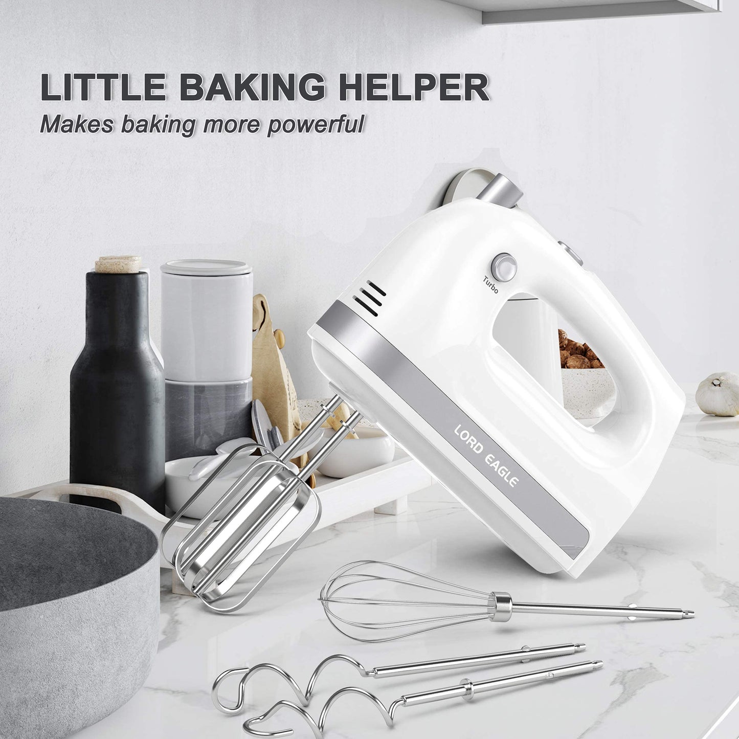 Lord Eagle Hand Mixer Electric Handheld 400W, 5-Speed Lightweight Kitchen Mixer with Storage Case, 5 Stainless Steel Attachments for Baking Cake Egg Cream Food Beater, Turbo+Eject Button, Pink