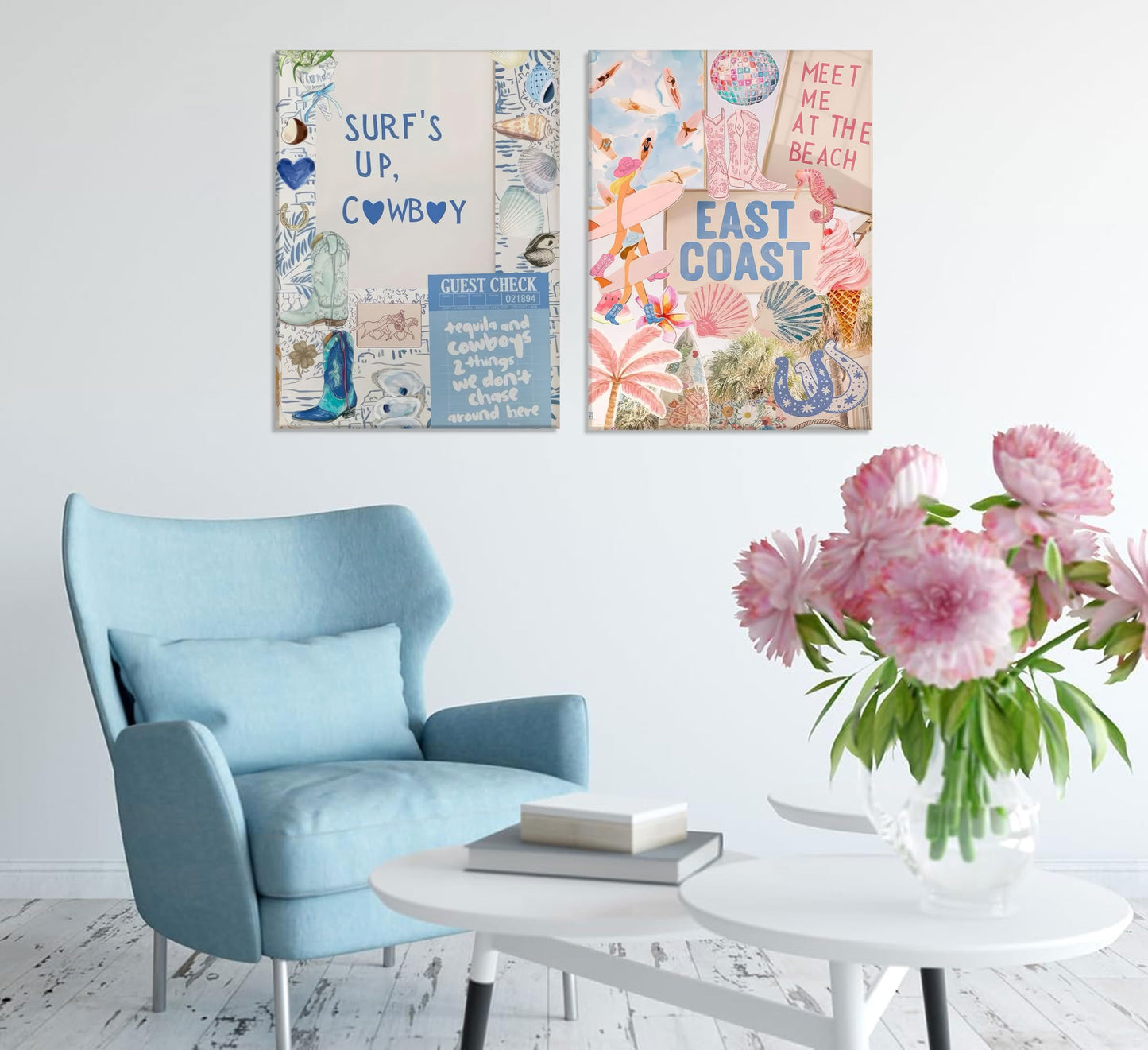 2PCS Pink And Blue Coastal Cowgirl Wall Art Surfboart Wall Decor Unframed | Coastal Girl Posters Beach Pictuers Cowboy Boots Prints for College Girls Dorm Bathroom Gallery Bedroom BST202