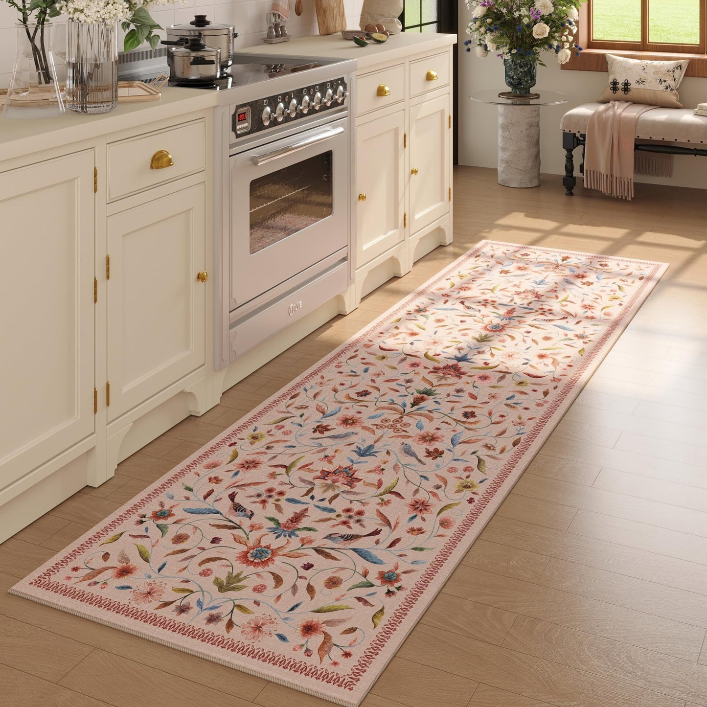 Vintage Medallion Floral Kitchen Runner 2x6, Machine Washable Rug, Soft Low Pile, Non-Slip Carpet for Hallways, Laundry, Bedroom, Bathroom, Entryway | Pink BST220