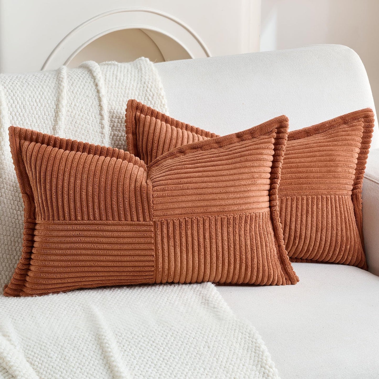 HAUSSY Pack of 2 Corduroy Throw Pillow Covers26x26 Inch, Rust | Decorative Striped Soft Boho Farmhouse Pillowcases, Machine Washable, Couch Bed Sofa Living Room Home Decor, No Insert BST202