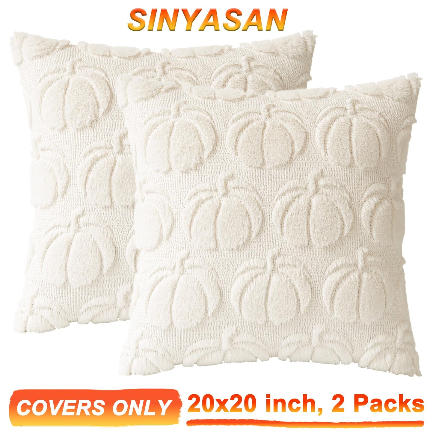 Cream White Fall Pumpkin Decorative Throw Pillow Covers Set of 2, 18x18 Inch Soft Plush 3D Embroidered Halloween Pillow Covers for Fall Decorations Farmhouse Cushion Covers for Thanksgiving BST220