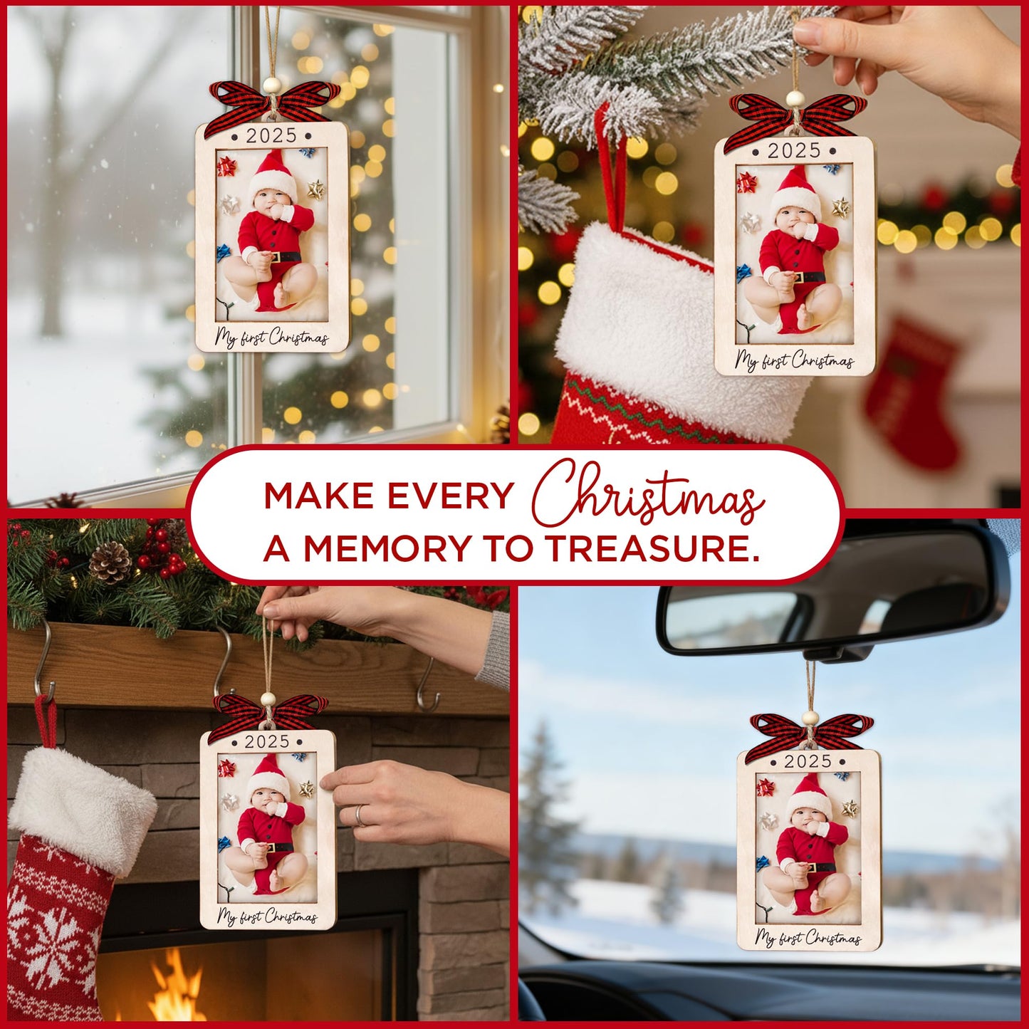 Hangwoous Baby's First Christmas Photo Frame Ornament 2025 | Wooden portrait frame keepsake, first Christmas photo gift for baby BST202