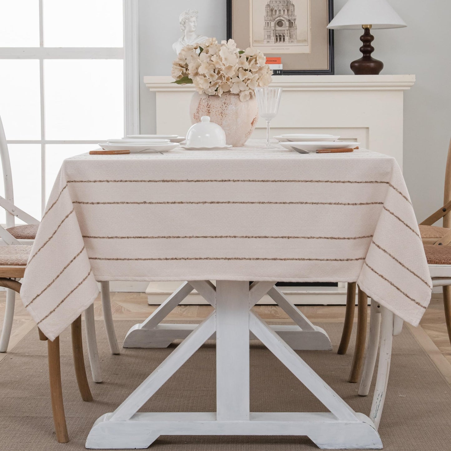 Caflife White Square Tablecloth 55x55 Inch, Cotton Linen Polyester Blend Stripes Table Cloth, Farmhouse Boho Decorative Table Cover for Dining Room Party Buffet Home Kitchen Table Decor BST202