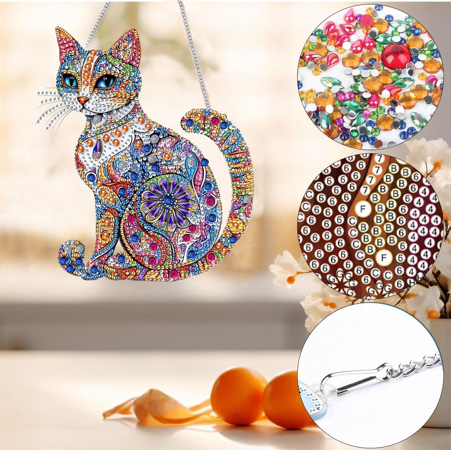 Bimkole Cat Diamond Art Hanging Kit for Adult, DIY 5D Animals Diamond Art Painting Window Pendant, Acrylic Crystal Art Hanging Ornament for Wall Home Garden Front Door Decor - 7.8x7.8 Inch BST220