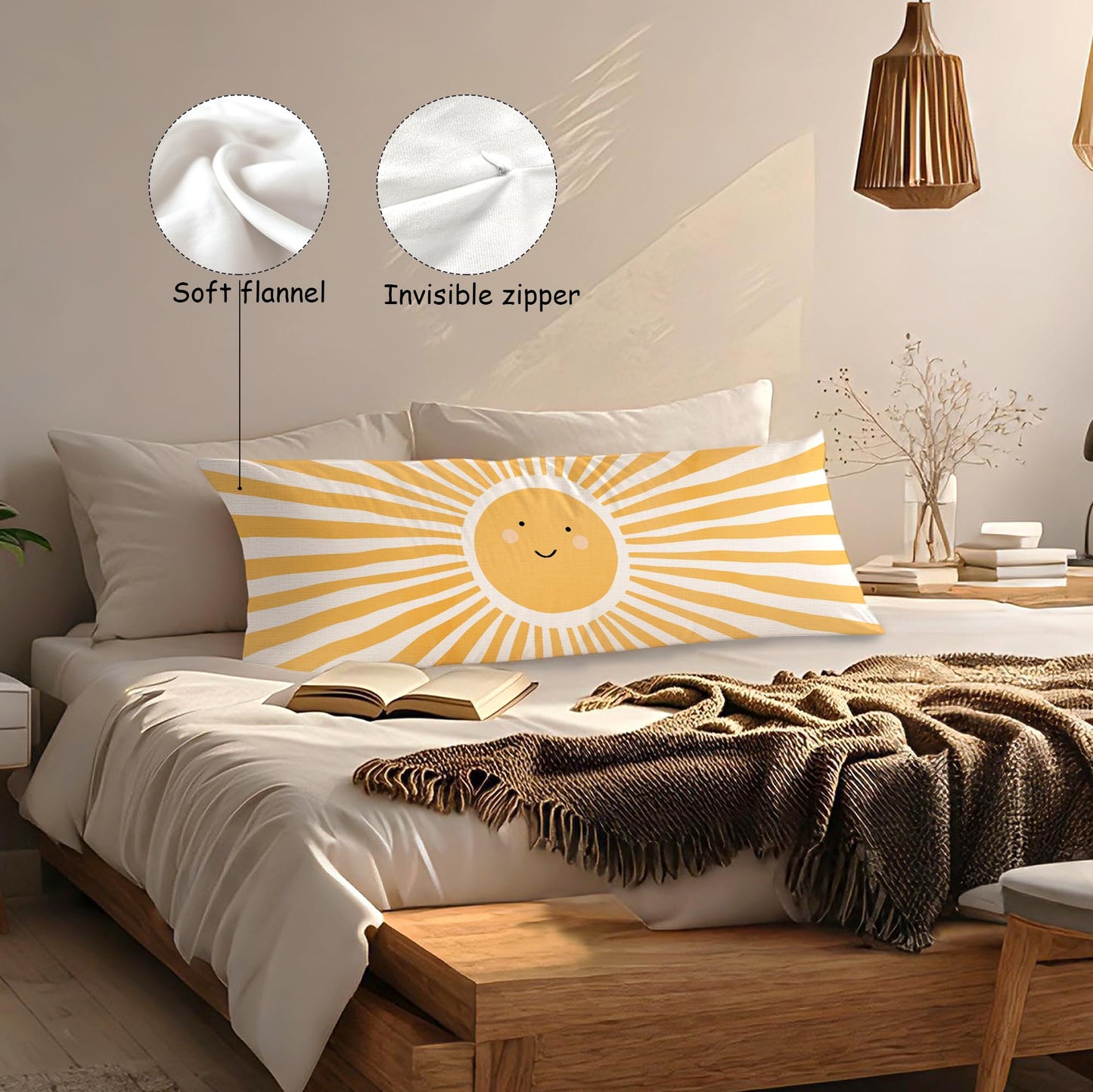 Boho Sun Sunshine 21x54 Body Pillow Cover Case, Modern Neutral Boho Horizontal Sun Sunset Sunrise Decorative Long Hug Pillow Cases for Bed Couch BST220