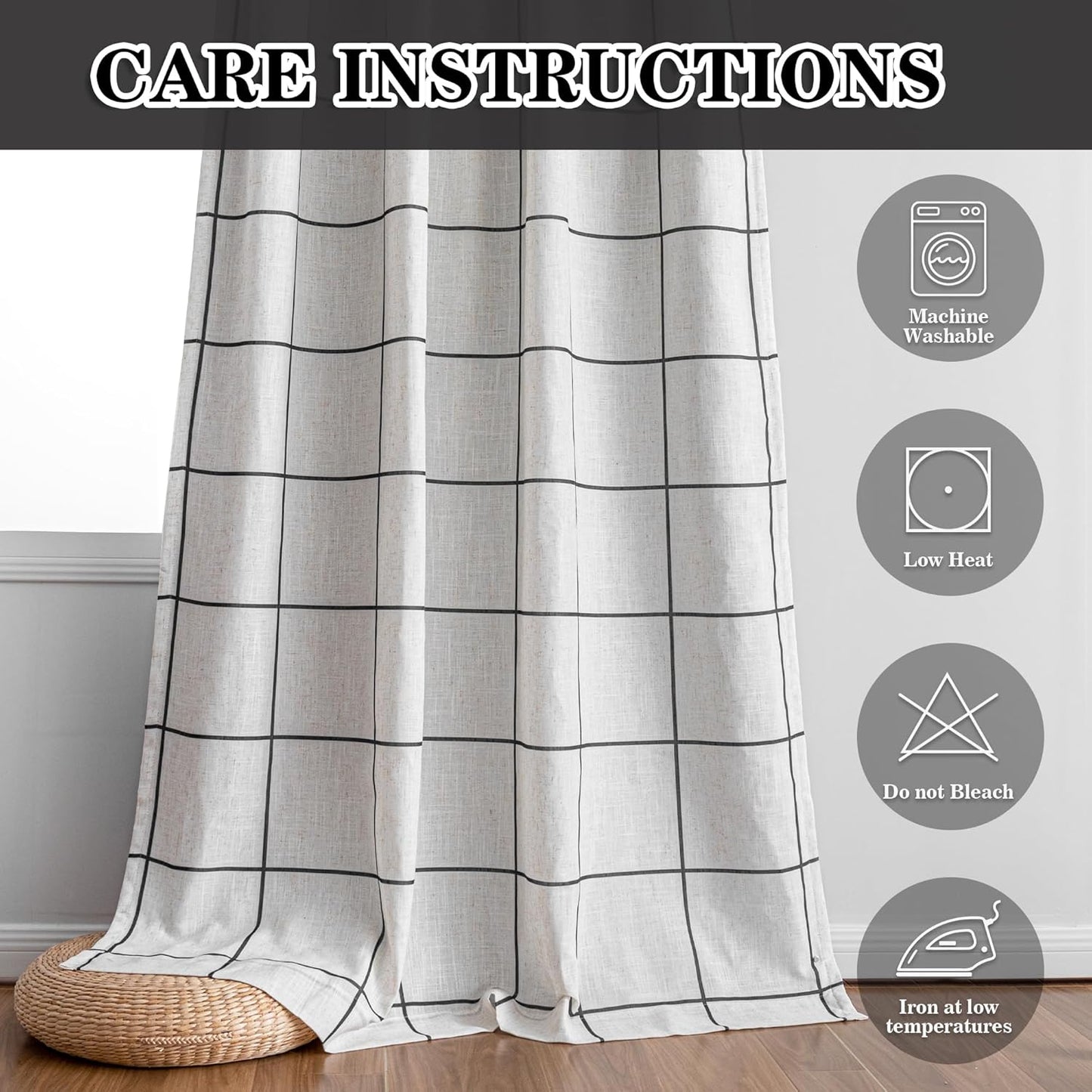 MYSKY HOME 100% Blackout Plaid Farmhouse Linen Curtains 90 Inch Long 2 Panels Set for Living Room Double Layer Windowpane Drapes Thermal Insulated Privacy Protection Rod Pocket Back Tab, 52" W, Black