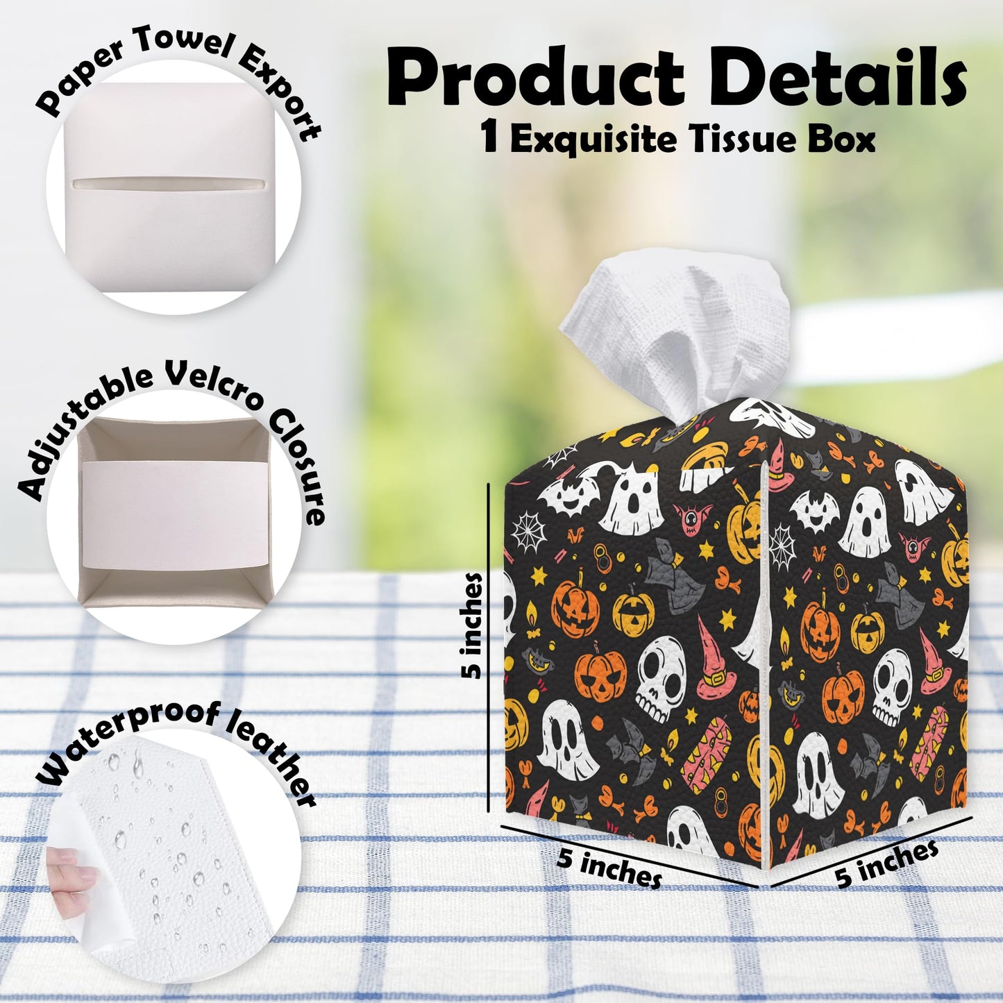Spooky Tissue Box Cover Square - Ghosts & Bats Tissue Box Holder - Halloween Pumpkin Facial Paper Organizer Dispenser for Home Car Bathroom Office Bedroom Desk Tabletop Supplies & Decor - A11 BST220