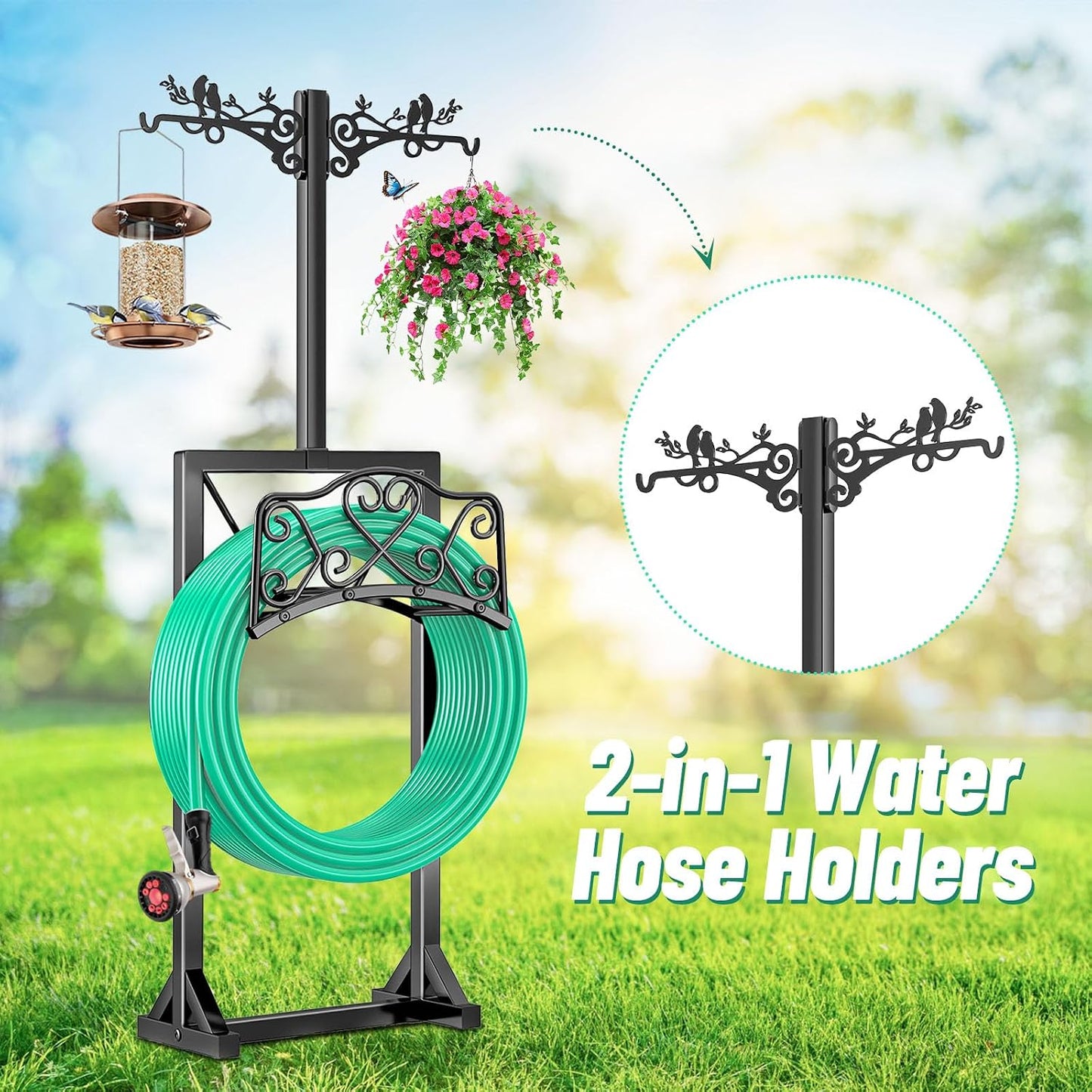 Garden Hose Holder, Freedstanding Heavy Duty Garden Water Hose Holder Stand with 2 Shepherds Hooks, Detachable Metal Hose Storage Hanger Rack for Outside Yard Lawn Farm DD1210