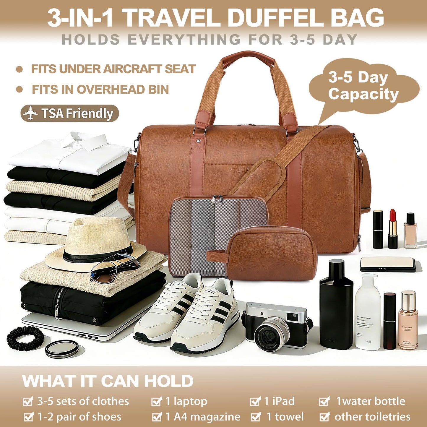 Large 4-in-1 Leather Duffle Bag for Travel Weekender Overnight Hospital Gym Bag for Men & Women, Carry On Airline Approved Personal Item Duffel Garment Bag Luggage with Shoe Compartment & Toiletry Bag BST326H