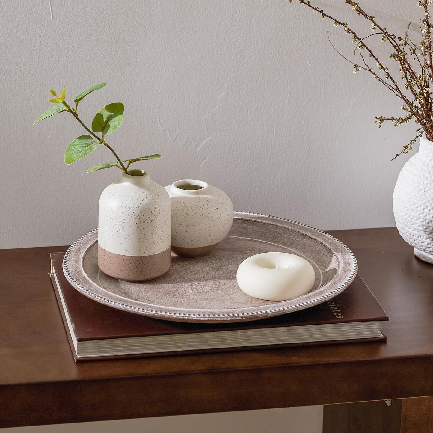 Farmhouse Rustic Coffee Table Tray for Home Decor, Round Wooden Powder Compressed Decorative Tray, Wood Beaded Edges Trays for Living Room, Bathroom, Kitchen Counter- 11.8" Brown and Whitewashed Trays BST326H
