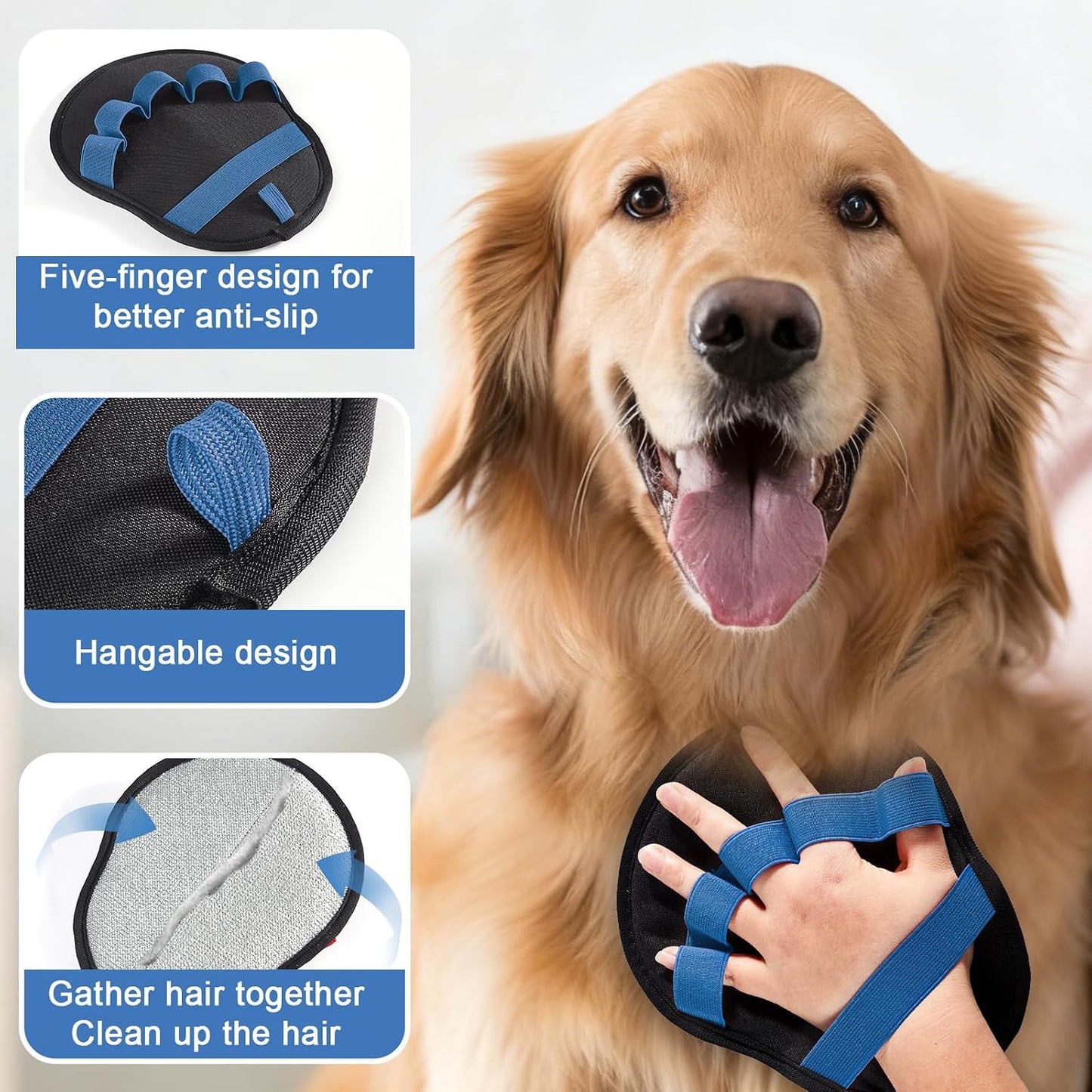 Lonfliness 2pcs Pet Hair Fur Removal Mitt Glove for Cats Dogs 5-Finger Electrostatic Reusable Pet Hair Remover Brush Tool for Couch Furniture Carpet Laundry Clothing (Blue) WN420