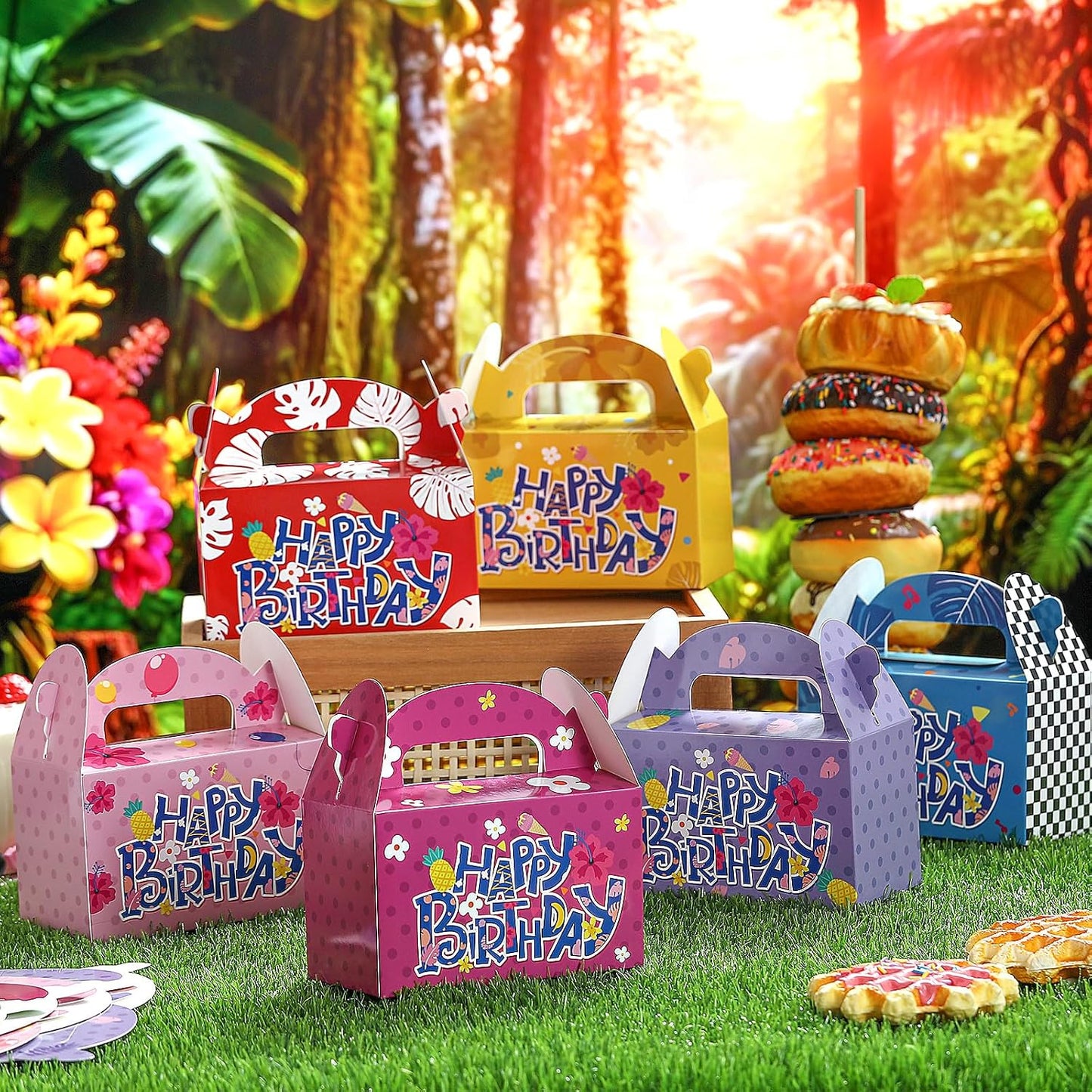 Wonderjune 24 Pack Hawaiian Tropical Treat Boxes 6 Cartoon Luau Styles Happy Birthday Party Favor Boxes with Handles Summer Birthday Beach Hawaii Themed Candy Gift Wrapping Giveaways Supplies BST202